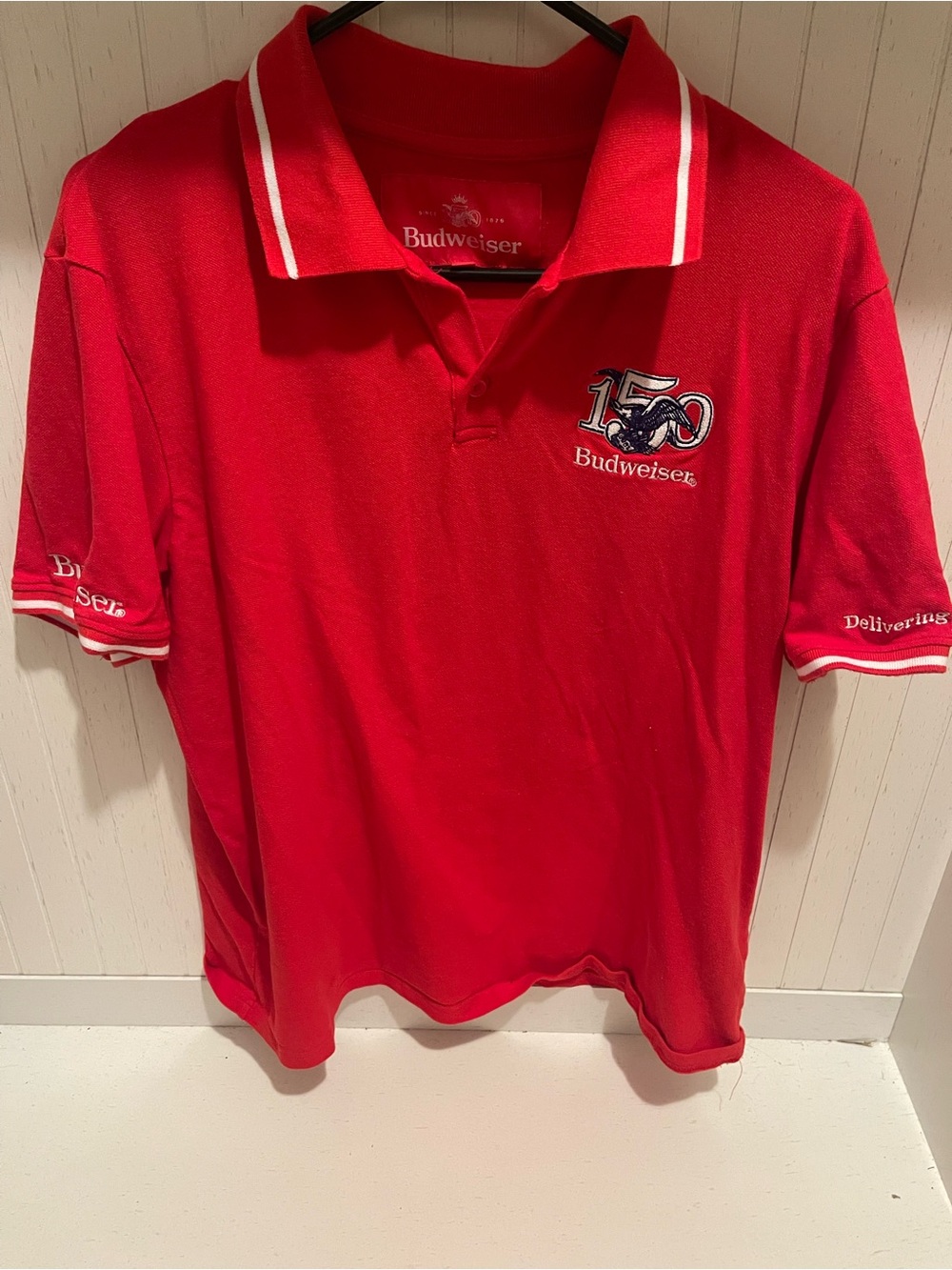 Budweiser 150th Anniversary Polo Men’s Large Red 1876 Beer Logo Embroidered